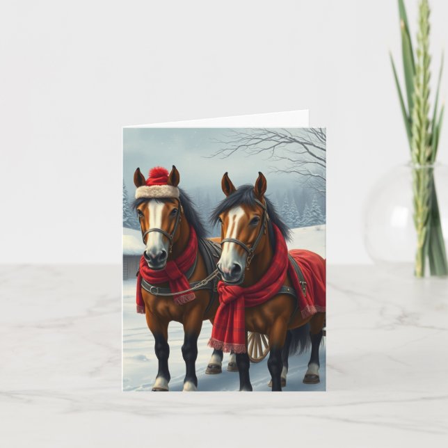 Cartão Paisagem de Inverno com Cavalos e Cabana (Frente)