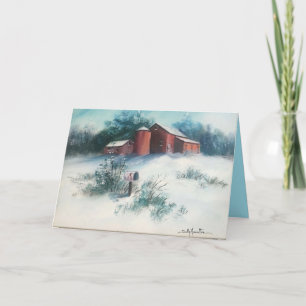 Cartão Paisagem de Neve Pintura Fazenda russa com Nave