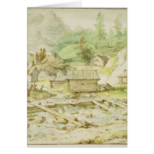 Cartão Paisagem nórdica com cabana e o Weir de madeira
