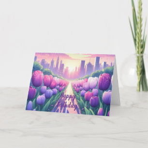 Cartão Paisagem Urbana de Tulipas Aniversário
