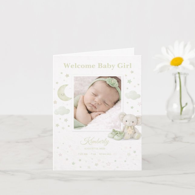 Cartão Pale Sage Baby Girl Birth Announcement Photo Card (Planta pequena)