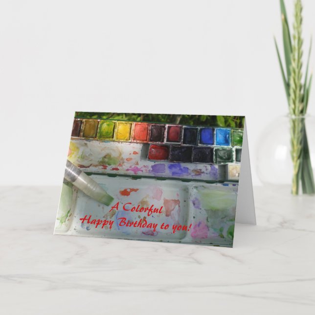 Cartão Paleta de Aquarela e Feliz Aniversário de Pincel (Frente)