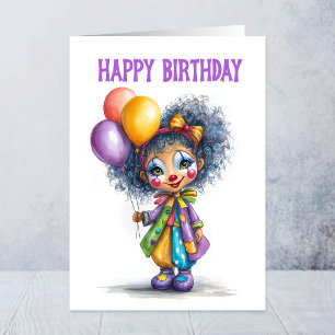 Cartão Palhaça de Circo Menina Segurando Balões de Aniver