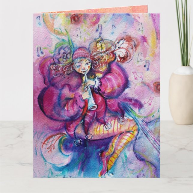 Cartão PALHAÇO MUSICAL COM BRILHOS ROSA Feliz Aniversário (Frente)