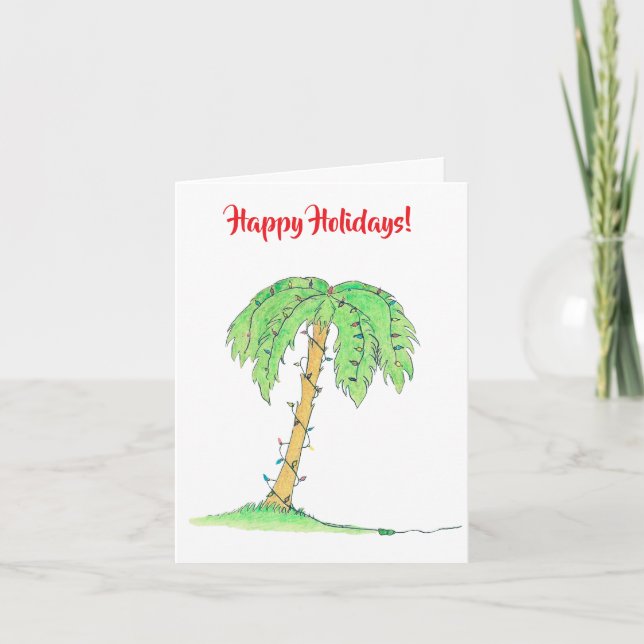 Cartão Palm Tree with Holiday Lights "Happy Holidays" (Frente)