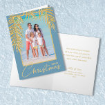 Cartão Palmas Tropicais Dobraram Foto no Natal<br><div class="desc">Uma bela placa de cartões de natal de Natal dobrada apresenta sua foto destacada com frentes de palma de ouro sujo em azul na frente e sua saudação personalizada no dentro. Mais estilos e designs em nossa loja.</div>