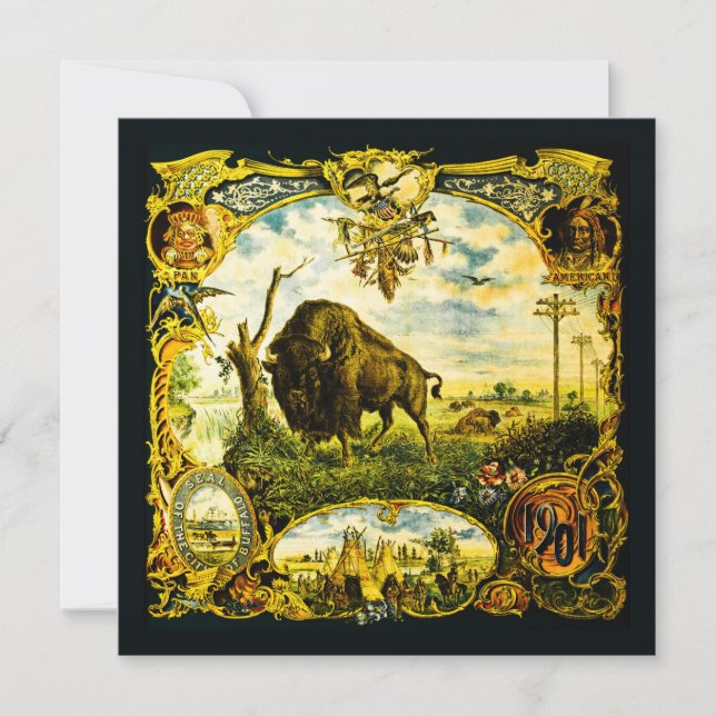 Cartão Pan Am Expo com Motivos de Bisonte e Nativos Ameri (Frente)