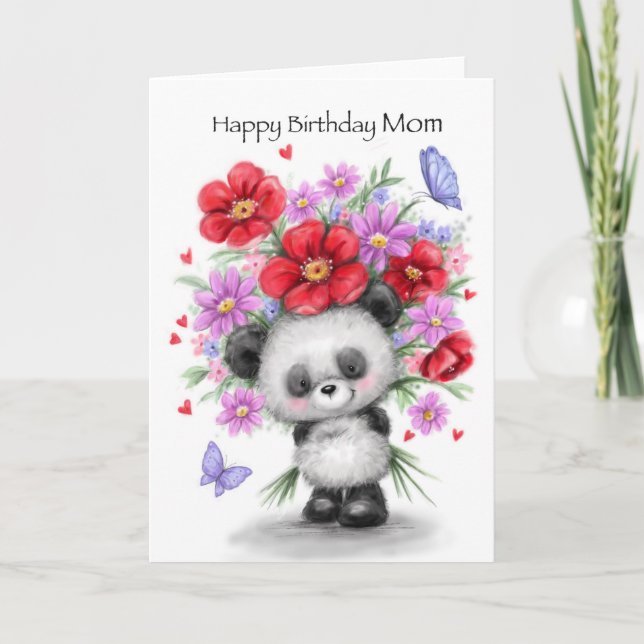 Cartão Panda com Flores Bonitas, Feliz Aniversário MÃE (Frente)