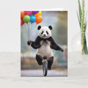 Cartão Panda de aniversário em um monociclo com buquê de
