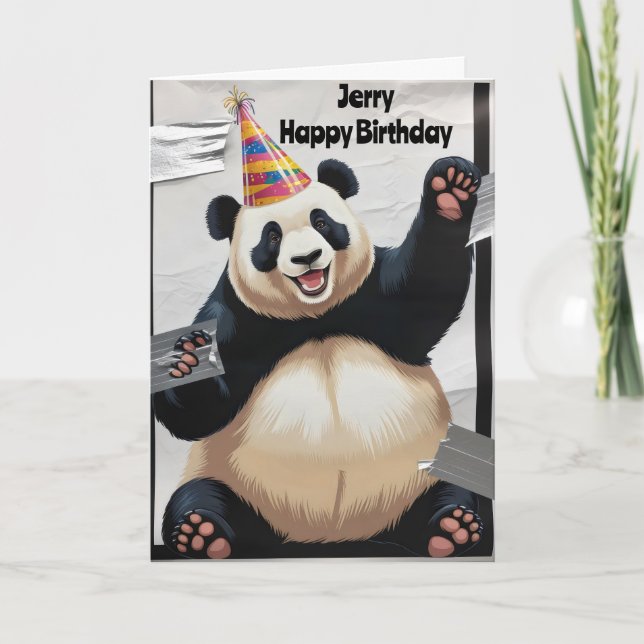 Cartão Panda gigante sentado vestindo chapéu de aniversár (Frente)