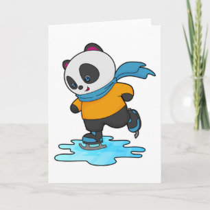 Cartão Panda no patins de gelo com patins de gelo e cache