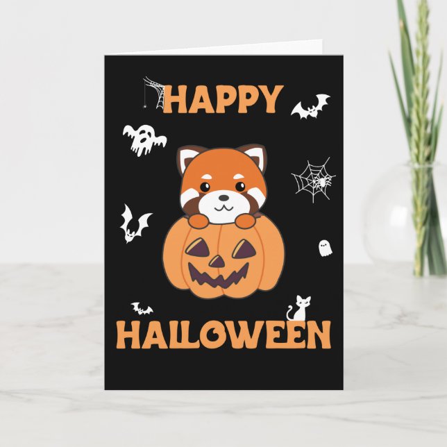 Cartão Panda Vermelha Em Pumpkin Cute Pandas Happy Hallow (Frente)