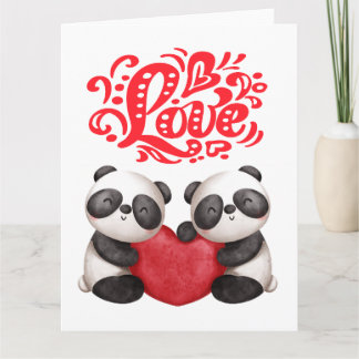 Cartão pandas artísticos divertidos amam design de coraçã