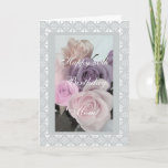 Cartão Pansies - Mother's 80th birthday<br><div class="desc">Greeting card for mom's 80th birthday with lace frame and foto of pansies on baby blue background. Personalize your message! Tarjeta postal en ingles con una foto de rosas para el cumples de una mama! Personalize su mensaje! Greeting card in Spanish for mother's day with photo of flowers on purple...</div>