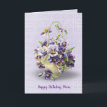Cartão pansy basket on eyelet for mom's birthday<br><div class="desc">Purple pansy basket on lavender and white eyelet pattern background for Mom's birthday</div>