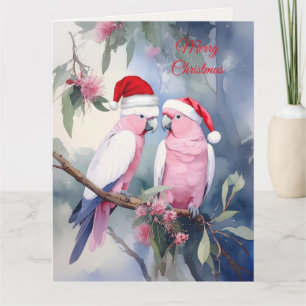 Cartão Papagaios Rosa Chapéu de Papai Noel Feliz Natal