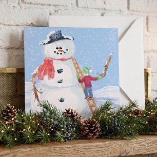 Cartão Papai Noel Ajudante Construindo um Boneco de Neve