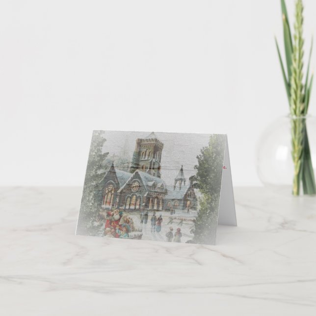 Cartão Papai Noel antigo com crianças em frente a uma igr (Frente)