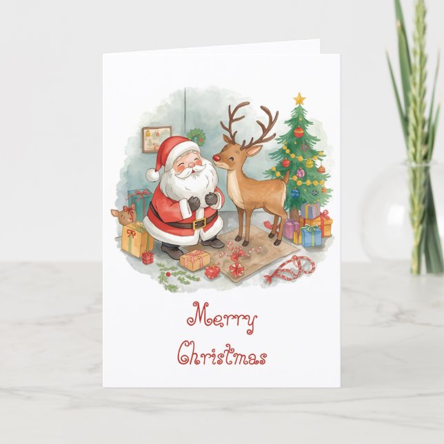 Cartão Papai Noel com brinquedos e renas & Natal capricho (Frente)