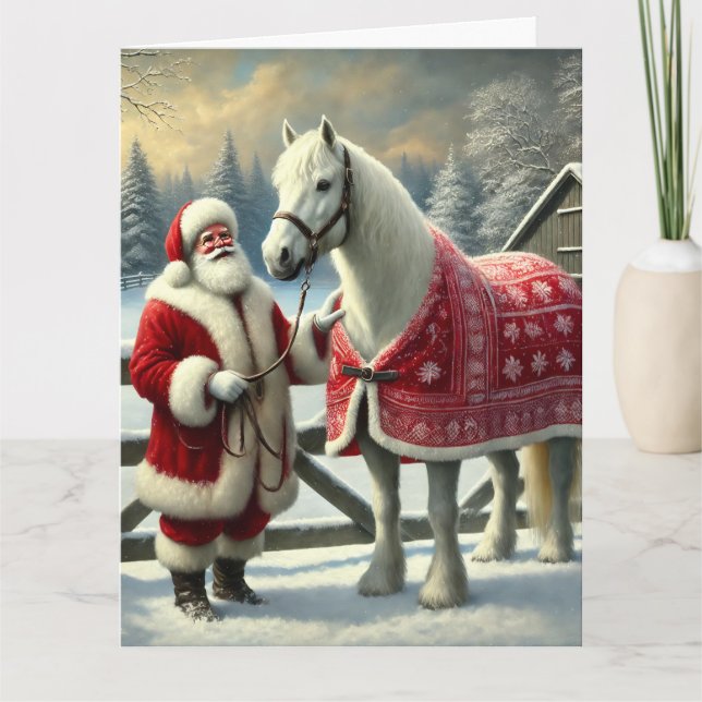 Cartão Papai Noel com Cavalo Branco na Fazenda Neve (Frente)
