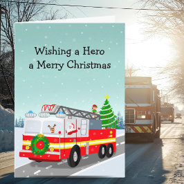 Cartão Papai Noel de Caminhão de Bombeiros Herói Natalino