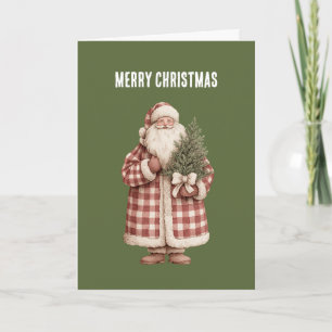 Cartão Papai Noel de Casaco Branco Vermelho Árvore de Nat