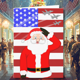 Cartão Papai Noel de Natal Militar Fazendo Saudação