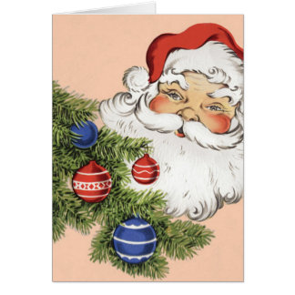 Cartão Papai Noel de Natal Vintage com enfeites de árvore