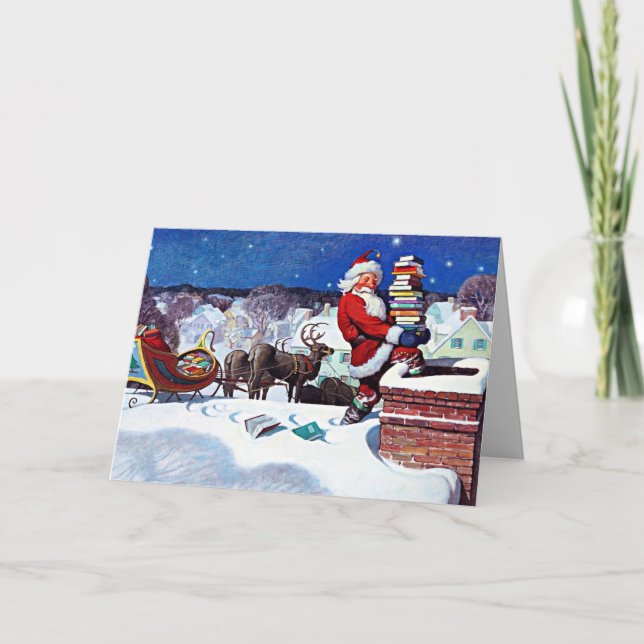 Cartão Papai Noel descendo pela chaminé para entregar liv (Frente)