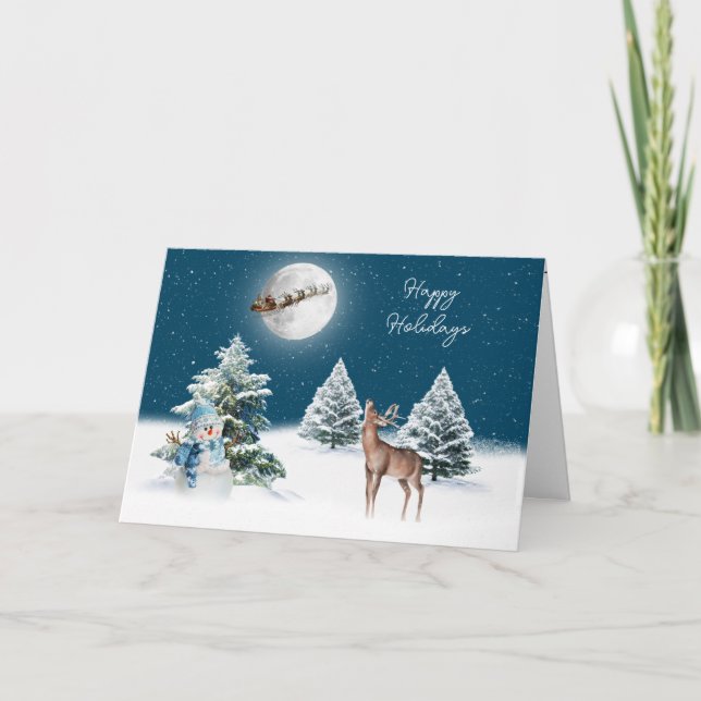 Cartão Papai Noel e Sleigh Deer Em Lua (Frente)