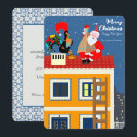 Cartão Papai Noel encontra o galo português<br><div class="desc">Esta ilustração captura a essência do compartilhamento, celebração e diferentes tradições. É uma cena alarmante onde o Galo Português e o Pai Natal se envolvem numa troca festiva de presentes de Natal sobre um telhado de uma charmosa casa amarela portuguesa. Esta encantadora reunião de símbolos culturais faz a ponte entre...</div>