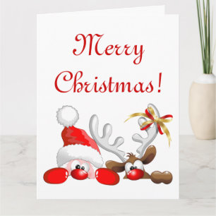 Cartão Papai Noel engraçado e desenho animado de rena    