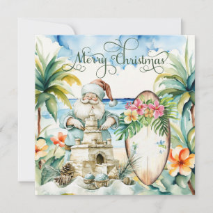 Cartão Papai Noel faz castelo de areia Natal praia