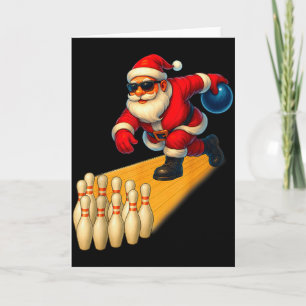 Cartão Papai Noel Fofo Jogando Bola de Boliche e Pinos de