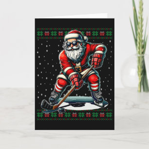 Cartão Papai Noel Jogando Hóquei Suéter Feio de Natal