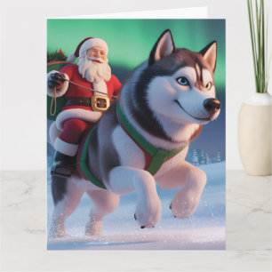 Cartão Papai Noel Montado em um Husky Gigante na Neve