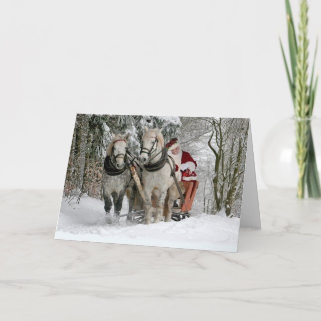 Cartão Papai Noel passeia numa carruagem puxada por caval (Frente)