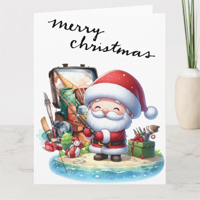 Cartão Papai Noel pescando no dia de Natal (Frente)