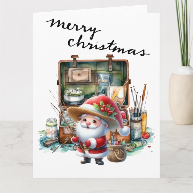 Cartão Papai Noel Pescando no Dia de Natal  (Frente)