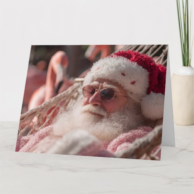 Cartão Papai Noel Relaxando em Rede Usando Óculos de Sol (Frente)