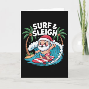 Cartão Papai Noel relaxando surfando na praia tropical