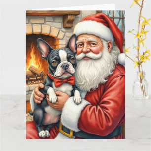 Cartão Papai Noel Segurando a Arte de Natal do Boston Ter