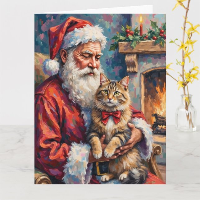 Cartão Papai Noel Segurando Arte de Natal de Gato Siberia (Flor Amarela)
