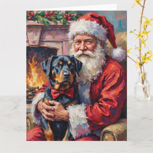 Cartão Papai Noel segurando arte de Natal de Rottweiler (Flor Amarela)