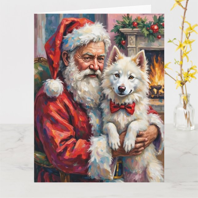 Cartão Papai Noel Segurando Arte de Natal de Samoyed (Flor Amarela)