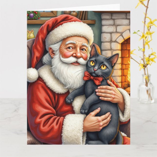 Cartão Papai Noel Segurando Gato Preto Arte de Natal (Flor Amarela)