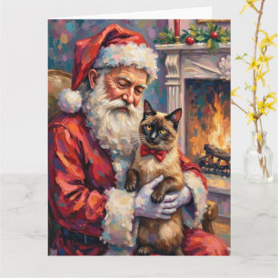 Cartão Papai Noel Segurando Gato Siames Christmas Arte