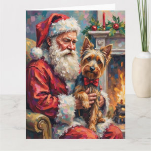Cartão Papai Noel segurando Yorkshire Terrier de Natal 