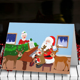 Cartão Papai Noel Tocando Piano com Capa de Rena