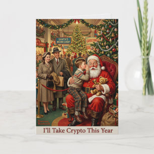 Cartão Papai Noel Vintage Eu Aceito Criptomoedas no Natal